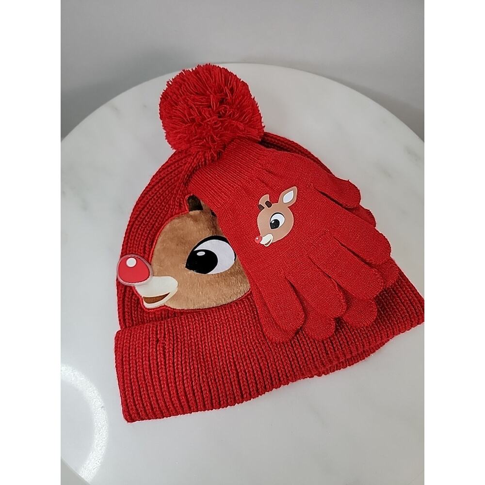 Rudolph the Red Nosed Reindeer Beanie Hat Glove set One Size Fits Most Christmas